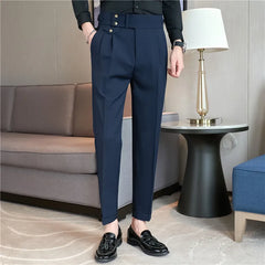 British Style Pants Men High Waist Belt Design Casual Slim Formal Office Dress Pant