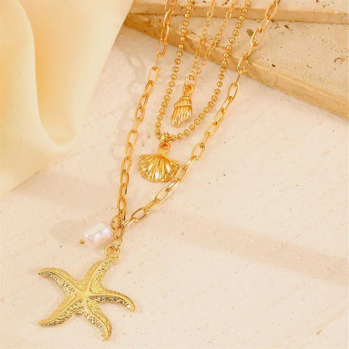 Women's 316L Stainless Steel Starfish Conch Shell Pearl Pendant Necklace 3-in-1 Choker Chain Jewelry Gift