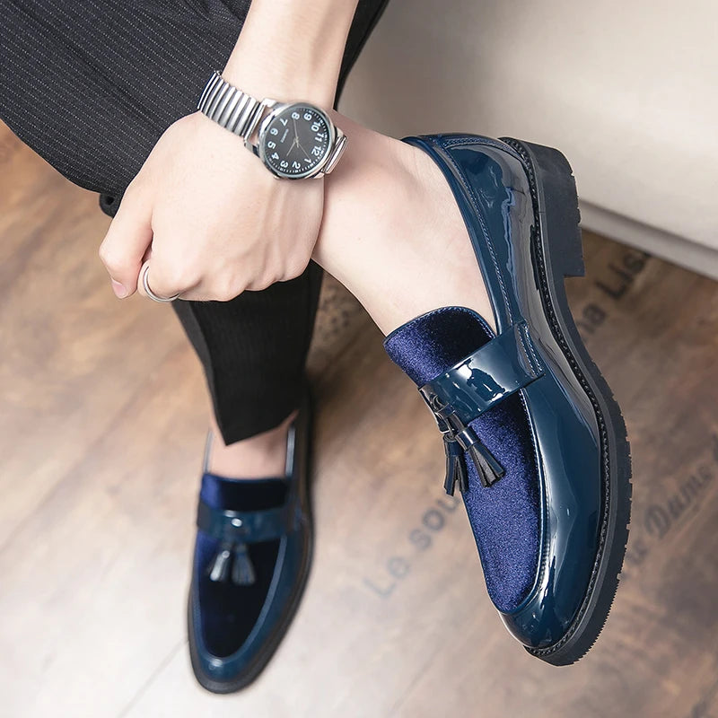 Men Leather Shoes Casual Shoes Men Tassel Flat Shoes Fashion Blue Formal Shoes Slip-On Oxfords Shoes Luxury Patent Leather Shoes