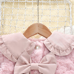 Children's Wear Bow Lapel PU Splice Solid Color Sweet Thickened Coat