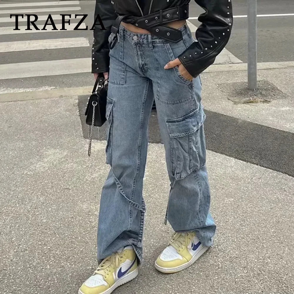 Spring Summer Streetwear Women Denim Pants Fashion Vintage Loose Pockets  Pants