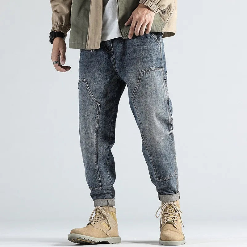 Fashion Retro Straight Loose Large Size Cargo  Jeans Men's Brand Autumn