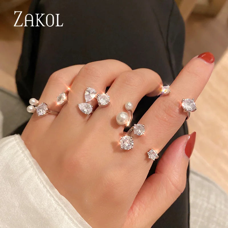 Korea Shiny Cubic Zircon Leaf Shape Open Rings for Women Fashion Geometry