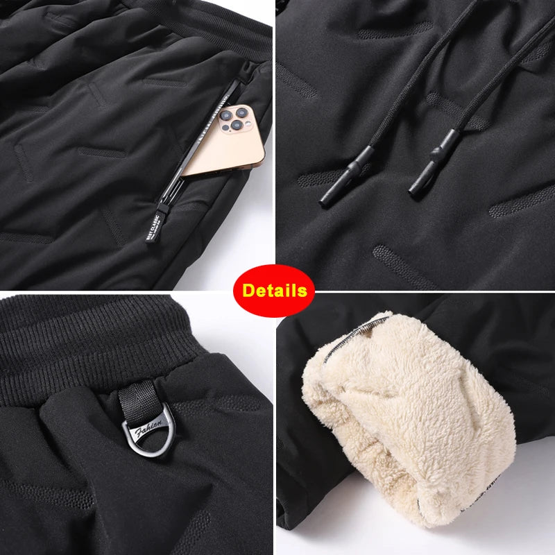 Winter Mens Pants Male Warm Proof Thermal Trousers Loose Zip Pockets Thicken