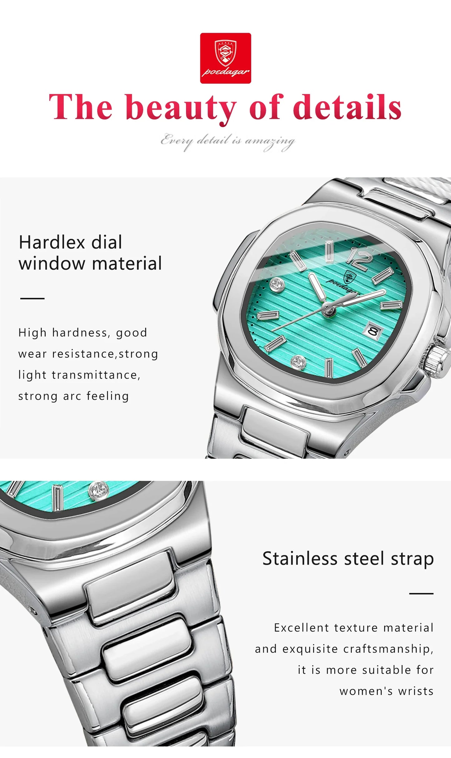 POEDAGAR Square Luxury Ladies Wristwatch Luminous Waterproof Stainless Steel Date Watch For Woman Fashion Quartz Women's Watches
