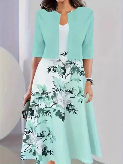 Lady Elegant Maxi Dress Short Sleeve Coat + Tank Sleeveless Slim Dress Set Fashion Women plus size Clothing 2-Pieces Suit
