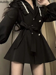 Black Mini Blazer Dress Women Elegant Chic Sashes Button Design Dress