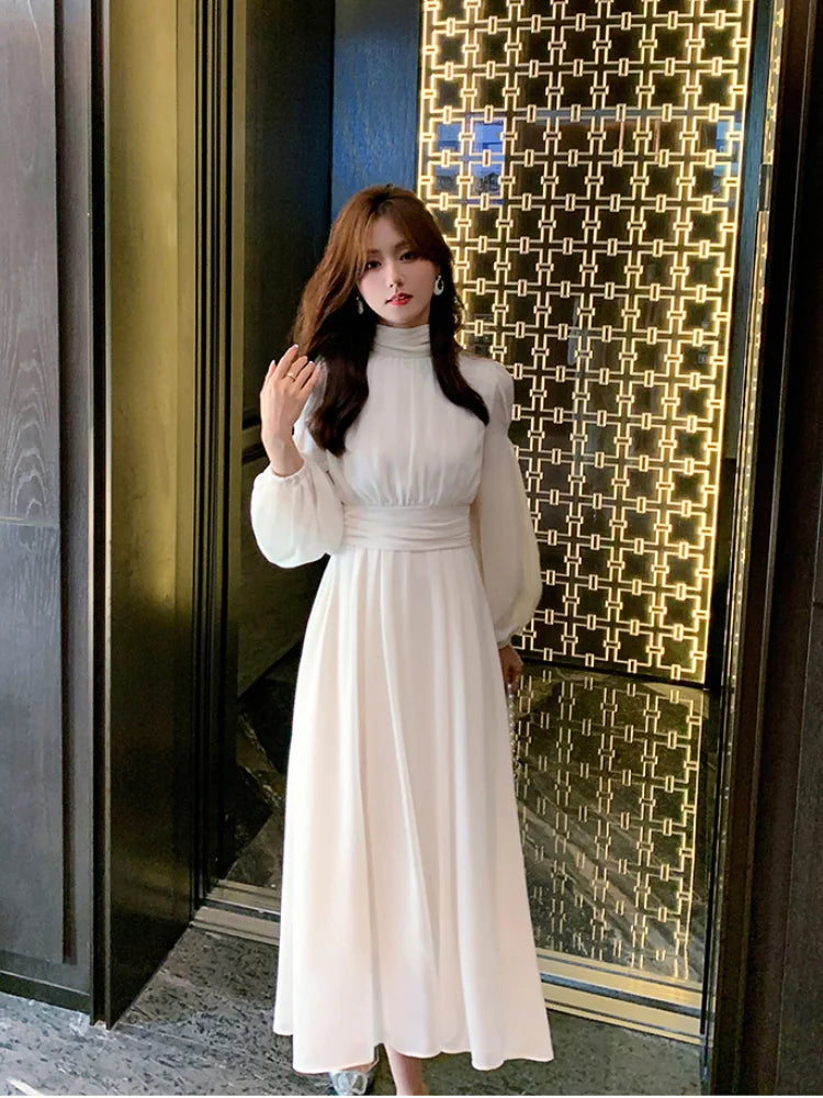 Spring Turtleneck White Midi Dress Women Long Sleeve French Elegant Temperament One Piece Dress Evening Party Prom Robe Female