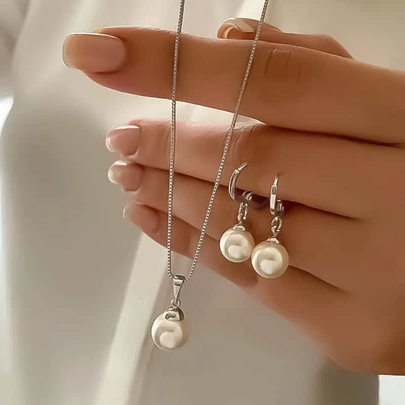 LATS 3 Pcs/Set Round Pearl Pendant Necklace For Women Exquisite Fashion Rhinestone Double  Earring Wedding Jewelry Set Gift