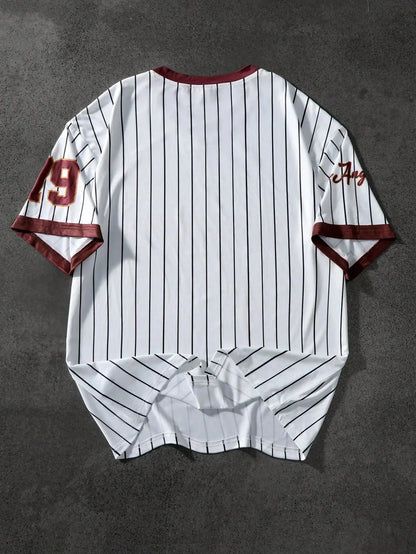 2025 summer new V-neck T-shirt Men's sports printed T-shirt V-neck short-sleeved T-shirt retro baseball chic