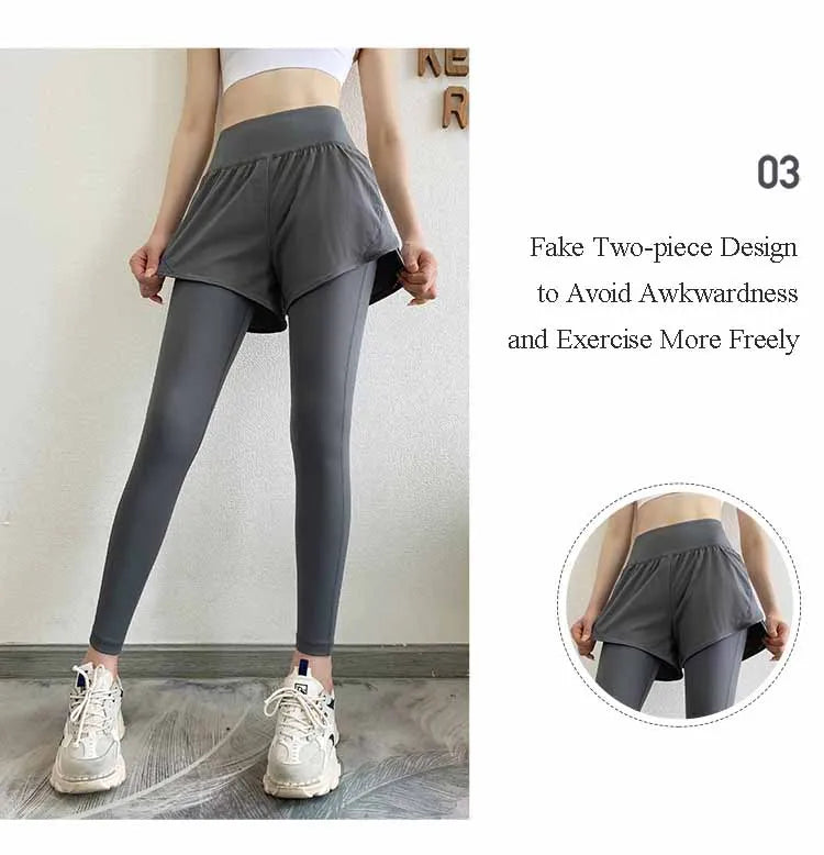 Women Gym Yoga Pants Fake 2 Pieces Sports Pants With Shorts Quick Dry Outdoor