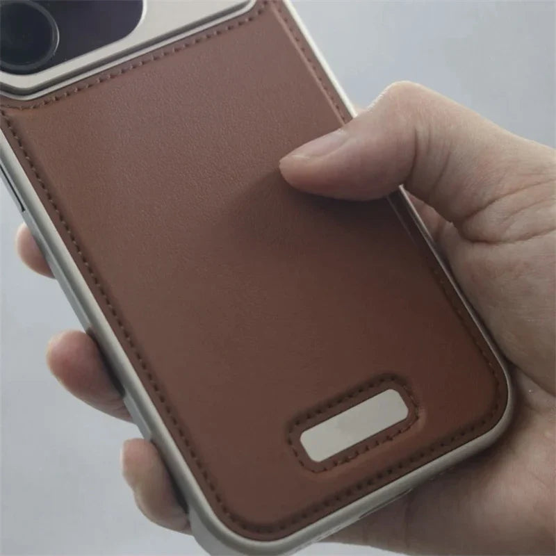 Aluminum Alloy Leather Magnetic Phone Case For iPhone 17 16pro 15 14 Pro Max Wireless Charging Metal Frameless Shockproof Cover