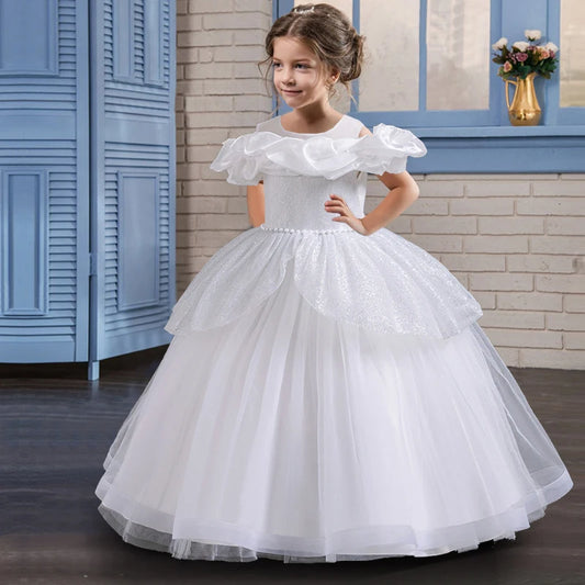 Girl's pearl sequin princess dress 4-10 years old fashionable one shoulder fluffy skirt Birthday wedding flower girl performance