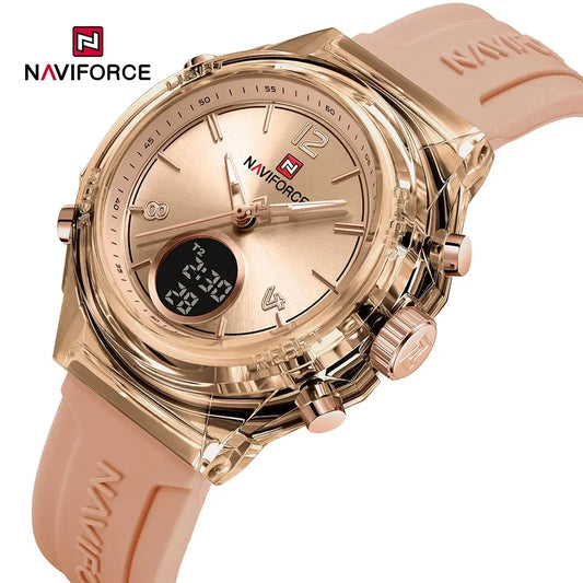 NAVIFORCE Luxury Women's Watch Gold Outdoor Sports Waterproof Watches Dual Time Display Quartz Wristwatches Rubber Digital Clock