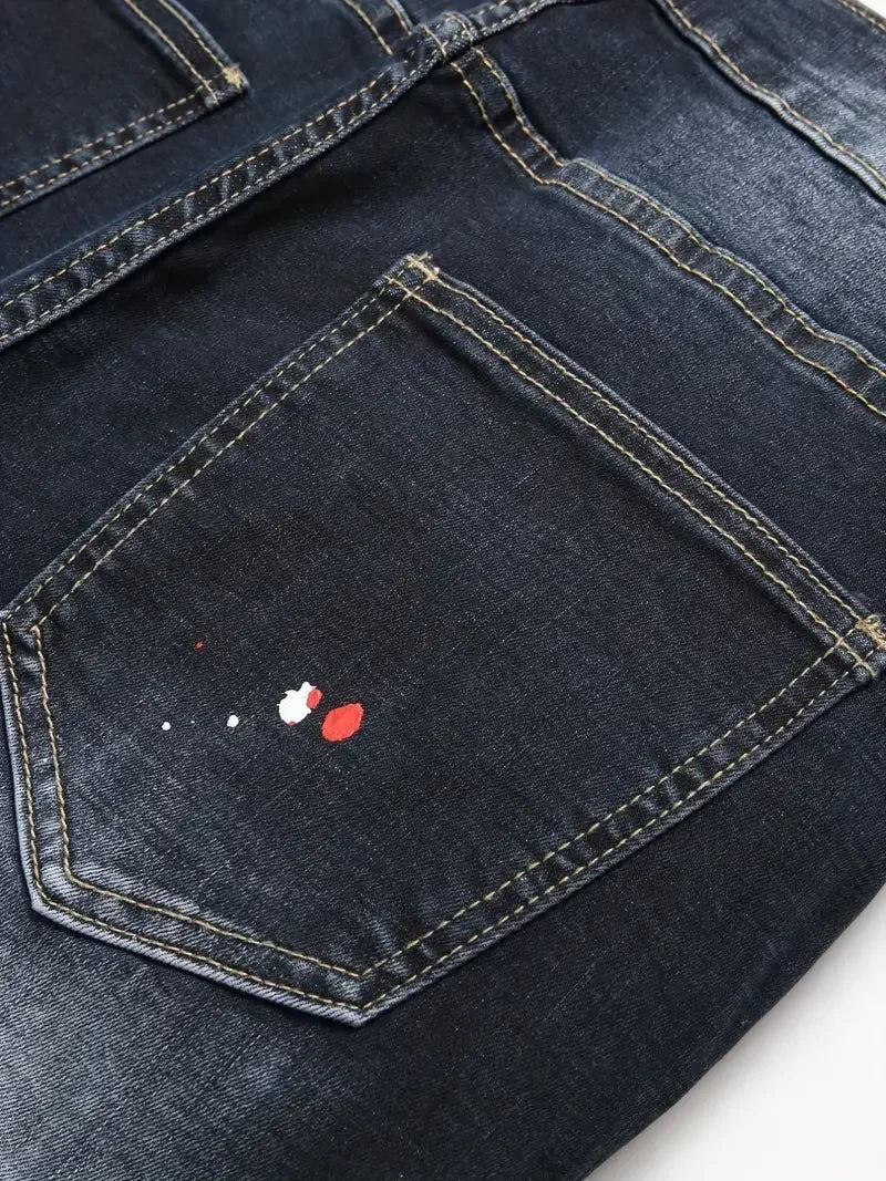 Men y2k Stretchy Denim jeans Ripped Skinny Letter Print elastic waist Casual pants