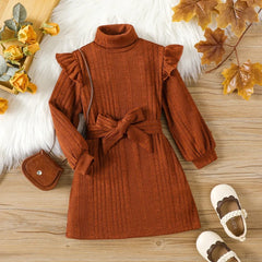 Girls' Woolen Dress Children's Autumn Winter High Neck Flying Sleeve