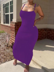 Plus Size Rib Knit Bodycon Cami Dress Spaghetti Strap Purple Long Dress Sleeveless