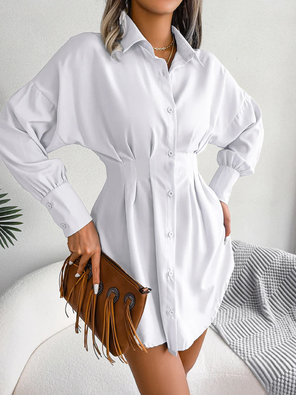 Women Casual Buttons Long Sleeve Shirt Dress Autumn 2026 Solid Color Lapel Mini Dress White Blue Army Green Woman Clothing