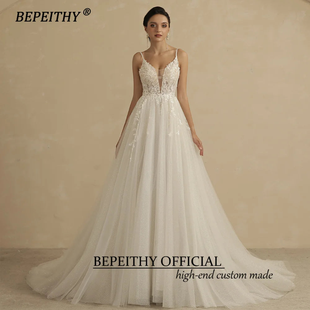 White Bridesmaid Dresses: Deep V Neck Spaghetti Straps A Line Lace Wedding Dresses