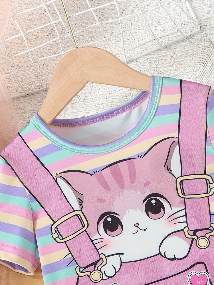 Girls Cute Cat Print Striped Casual Vacation Outing T-Shirt Dress