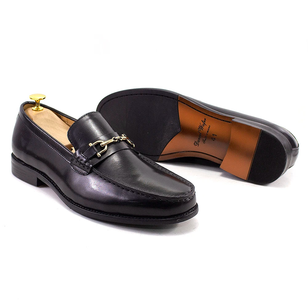 Classic Italian Style Mens Metal Chain Loafers Genuine Leather Slip on Dress Shoes for Men Casual Business Wedding Formal Shoes