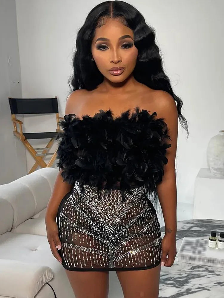 Formal attire Dresses: Off The Shoulder Mesh Sheer Rhinestone Feather Prom Dress