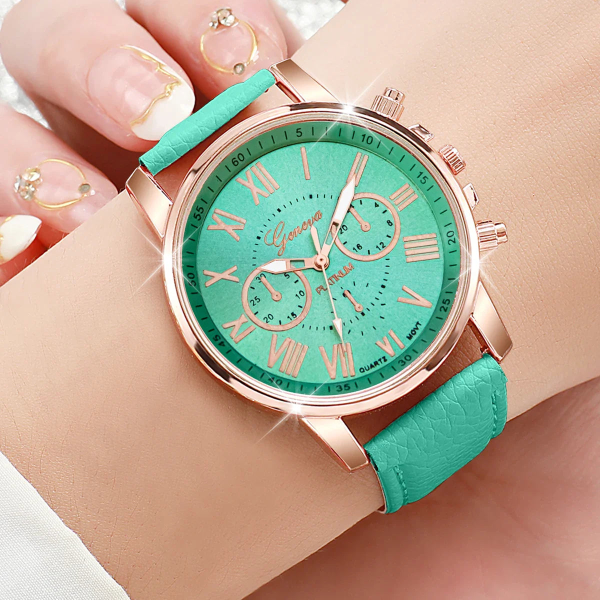 6PCS/Set Fashion Roma Dial Women's Quartz Watch Casual Leather Band Analog Wrist Watches（Without Box）