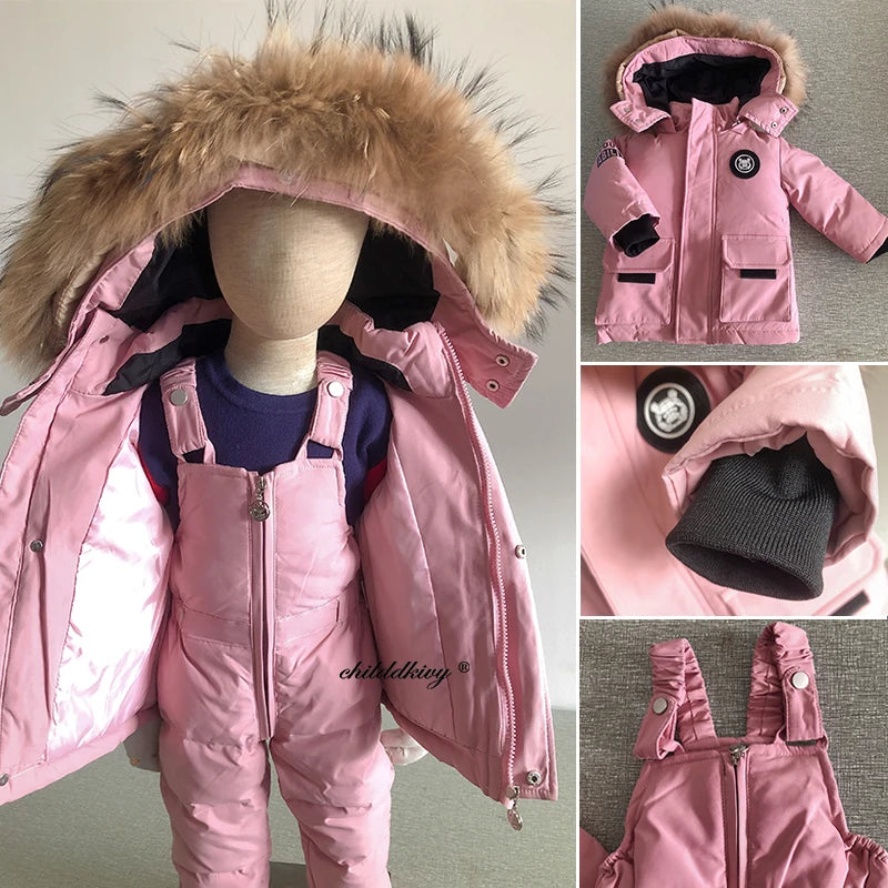 Children Down Suit Winter and Autumn Warm Boy Jacket Natural Fur Collar Baby Girls Snowsuit Coat Kids Parkas Outwear 1-5 Years