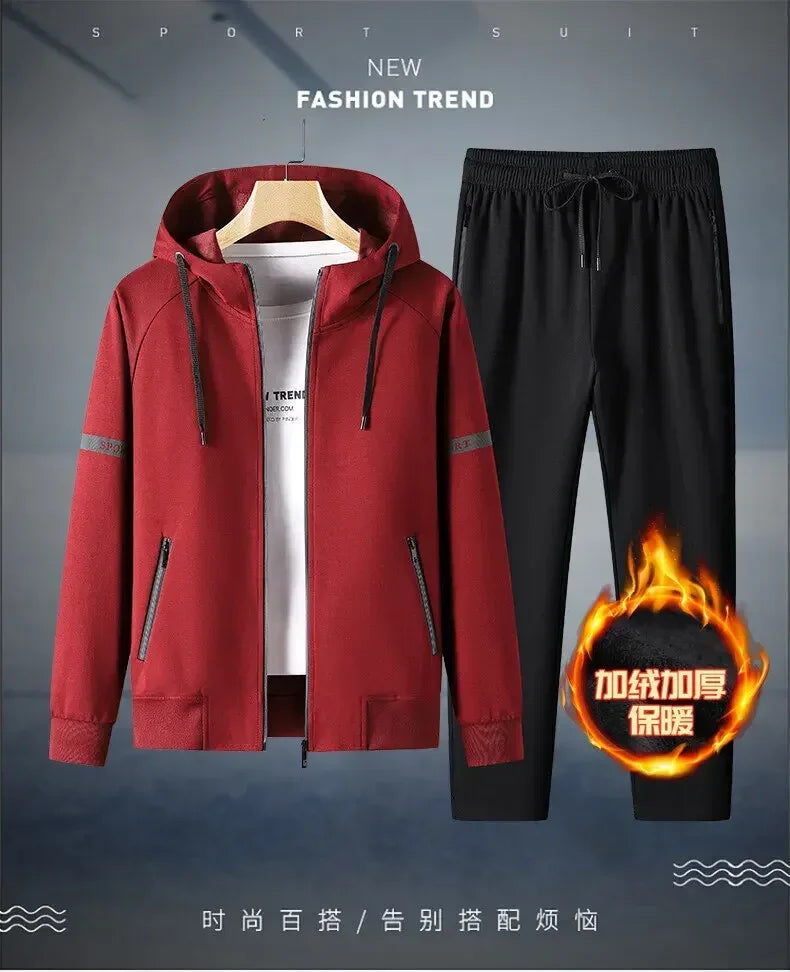Thicker Fleece Jacket+Pants 2 Pieces Men Winter Tracksuit Sets Black Red Gray Sets Hoodies Casual Hooded Warm Sweatshirts+Pants