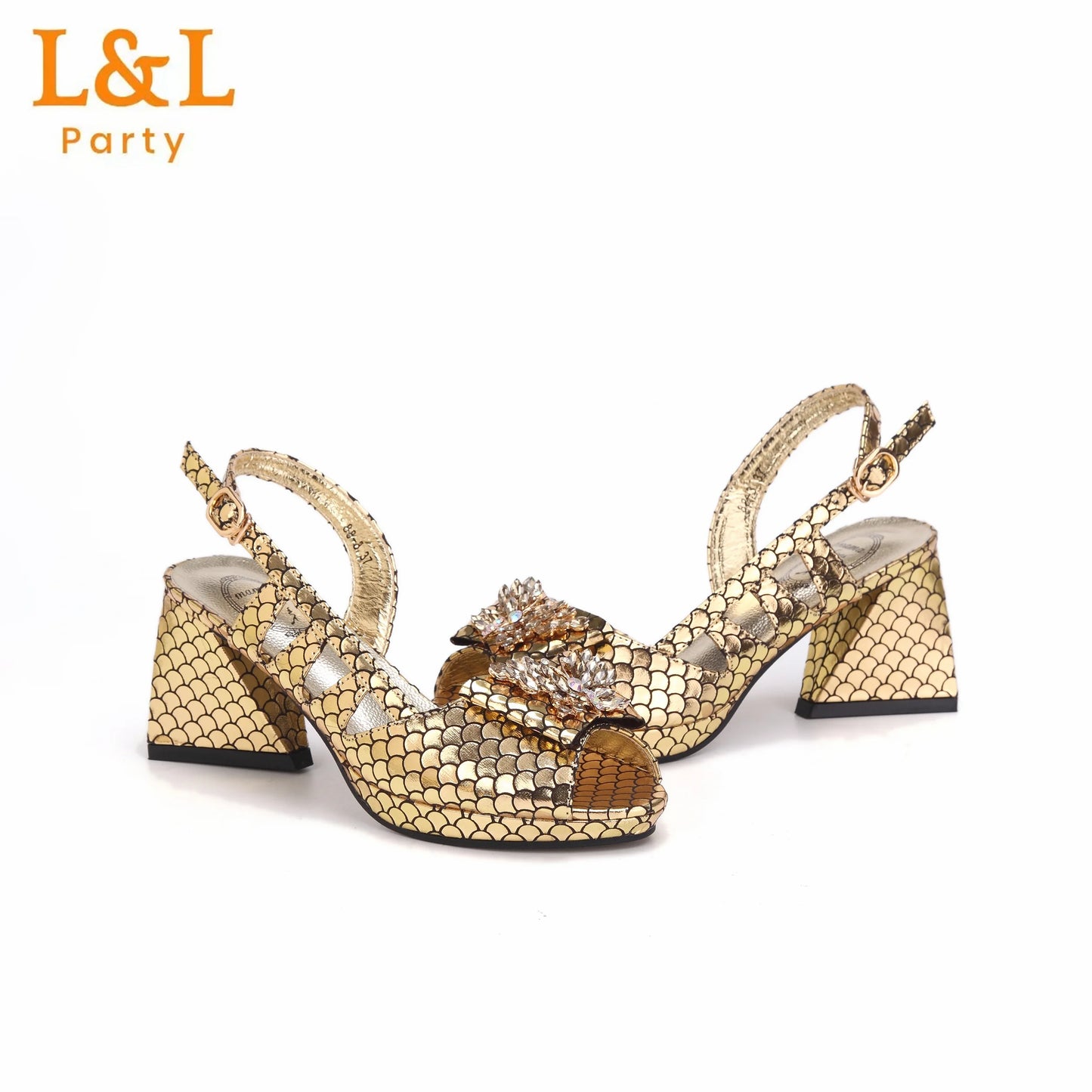 2024 Peep Toe  Hot Selling Comfortable Heels Ladies Shoes Matching Bag Set in Gold Color For Wedding Party