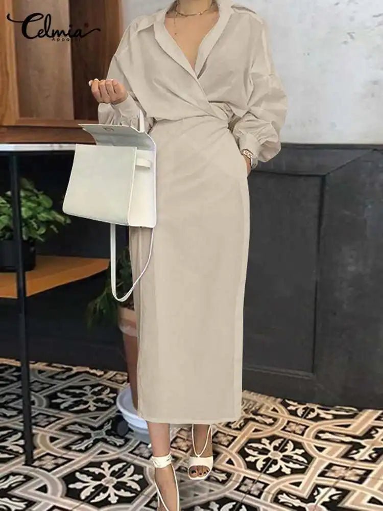 Celmia 2024 Fashion Women Belted Dress Elegant Party Robe Elegant Long Sleeve Office Dresses Summer Casual Pleated Midi Vestidos