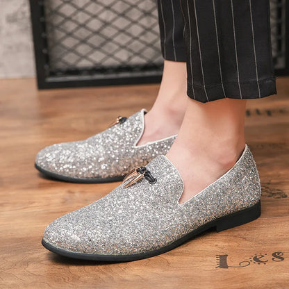 Italian Luxury Glitter Loafers Shoes Mens Silver Sequin Shoes Plus Size 46 Dress Weddings Shoes For Men  Pointed Toe Formal Shoe