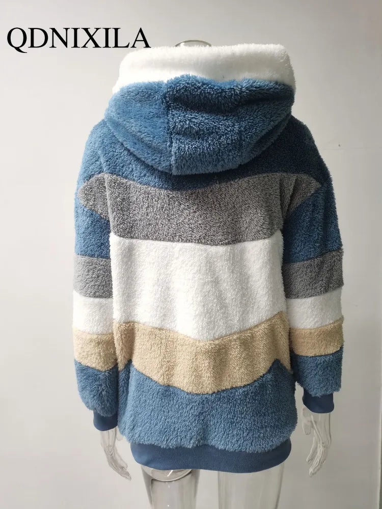 Warm Plush Zipper Pocket Hooded Loose Jacket Women Hoodie Oversize Coats Hooded