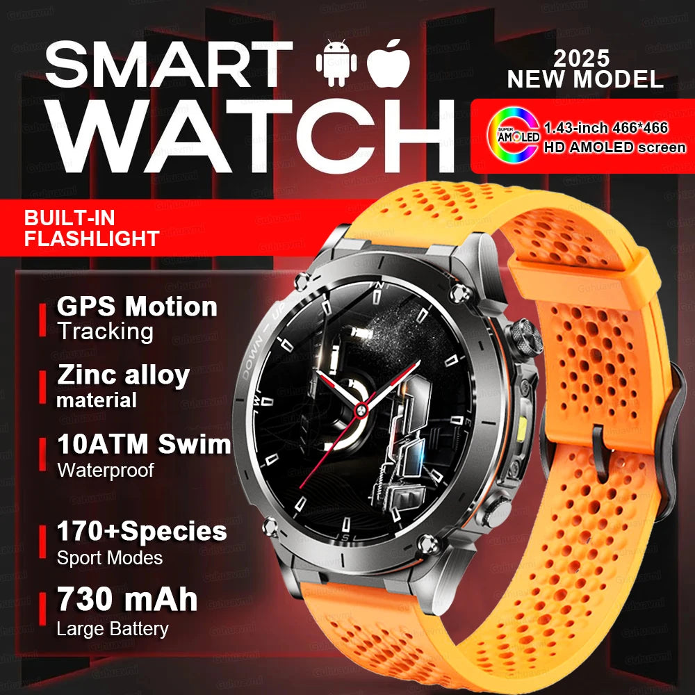 2025 Upgraded New Outdoors Sports Military GPS Smart Watch 10ATM Waterproof 730mAh High Battery Compass NFC HD BT Call Men Watch
