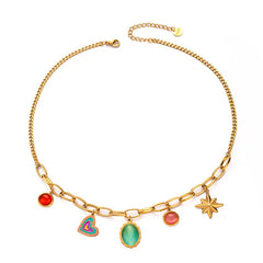 316L Stainless Steel Colorful Stone Heart Star Pendant Necklace For Women