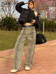 Leopard Print Jeans Trousers Women Y2K Spring Fashion High Waist Female Pants