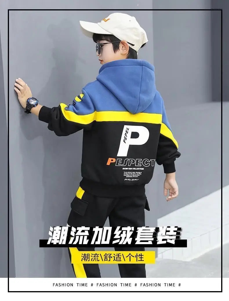 Boys Clothes Set Kids Letter Print Hoodies+Pants 2pcs Tracksuit Teenagers Thick Costume 4 To 14Yrs Big Children's Clothing Suits