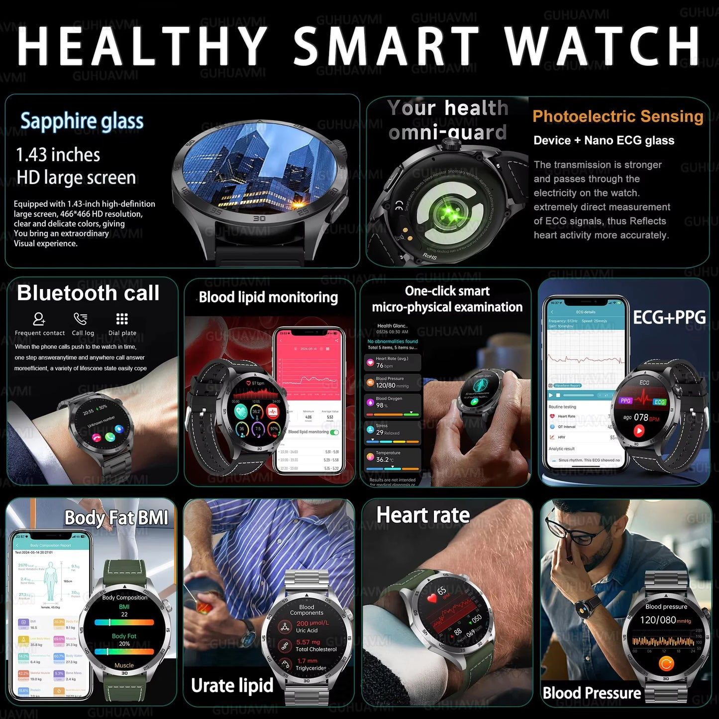 GUHUAVMI NEW Fashion Health Expert Laser iagnosis Smart Watch Men ECG+PPG Three highs  Blood Pressure Heart Rate HD Call Watches