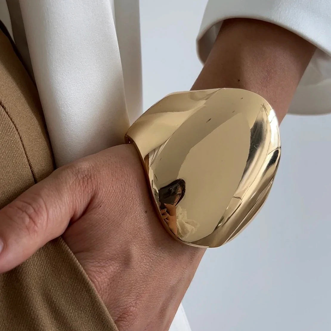 KunJoe Fashion Design Smooth Gold Color Chunky Spring Bangles for Women Exaggerated Geometric Wide Open Cuff Bracelet Unisex Men