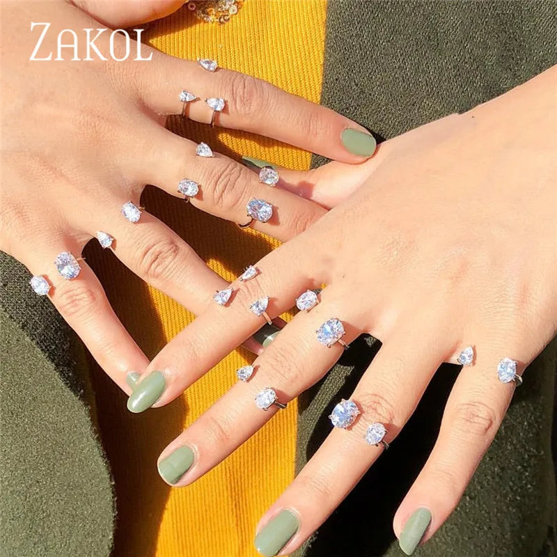 Korea Shiny Cubic Zircon Leaf Shape Open Rings for Women Fashion Geometry