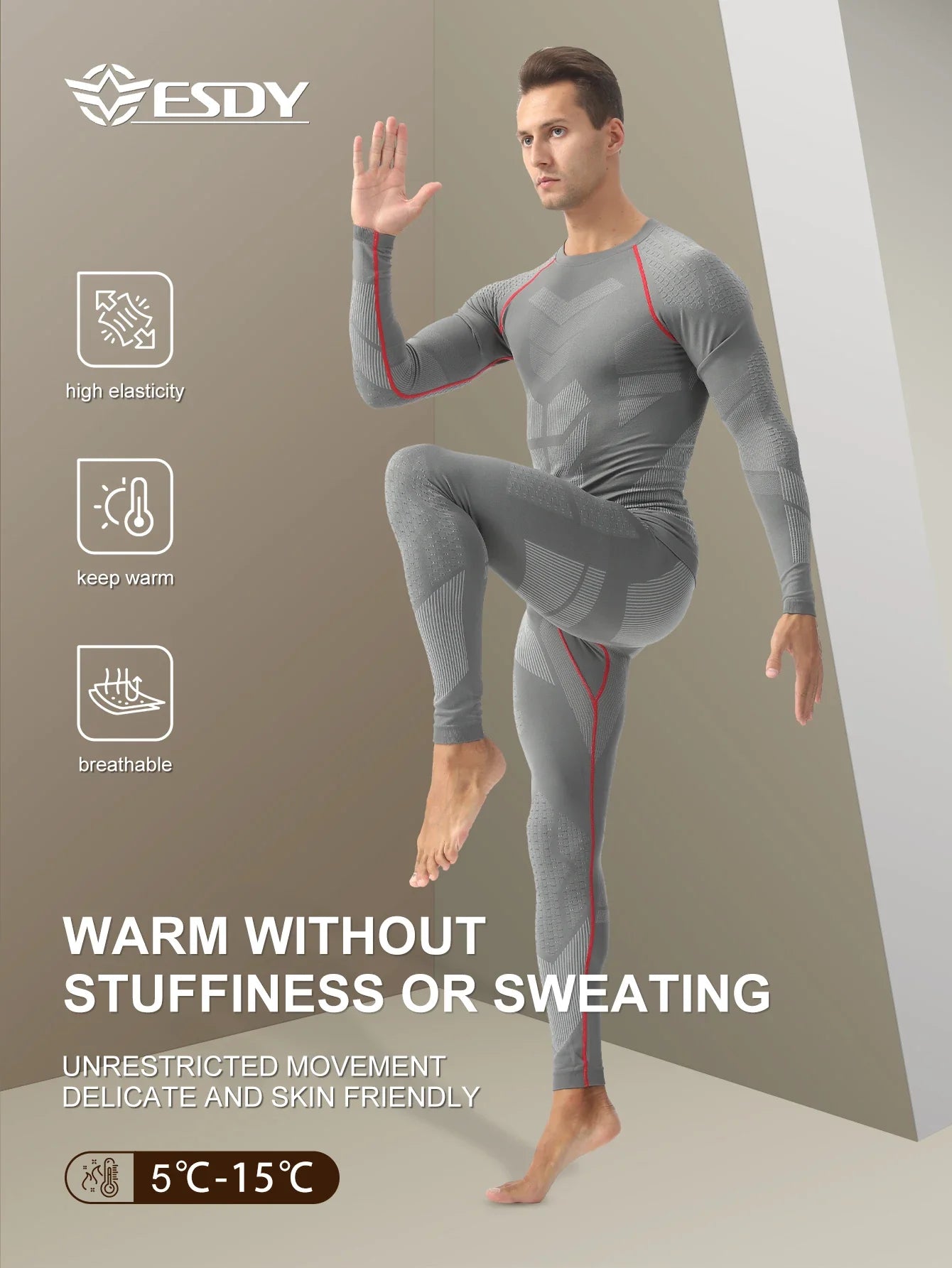 Esdy 1 Set of Men's Sports Compression Thermal Suit Winter Thermal Compression Long-Sleeve Long Pants Breathable High-Elastic Cold-Proof Sports Suit Winter Outdoor Sports Climbing Fishing