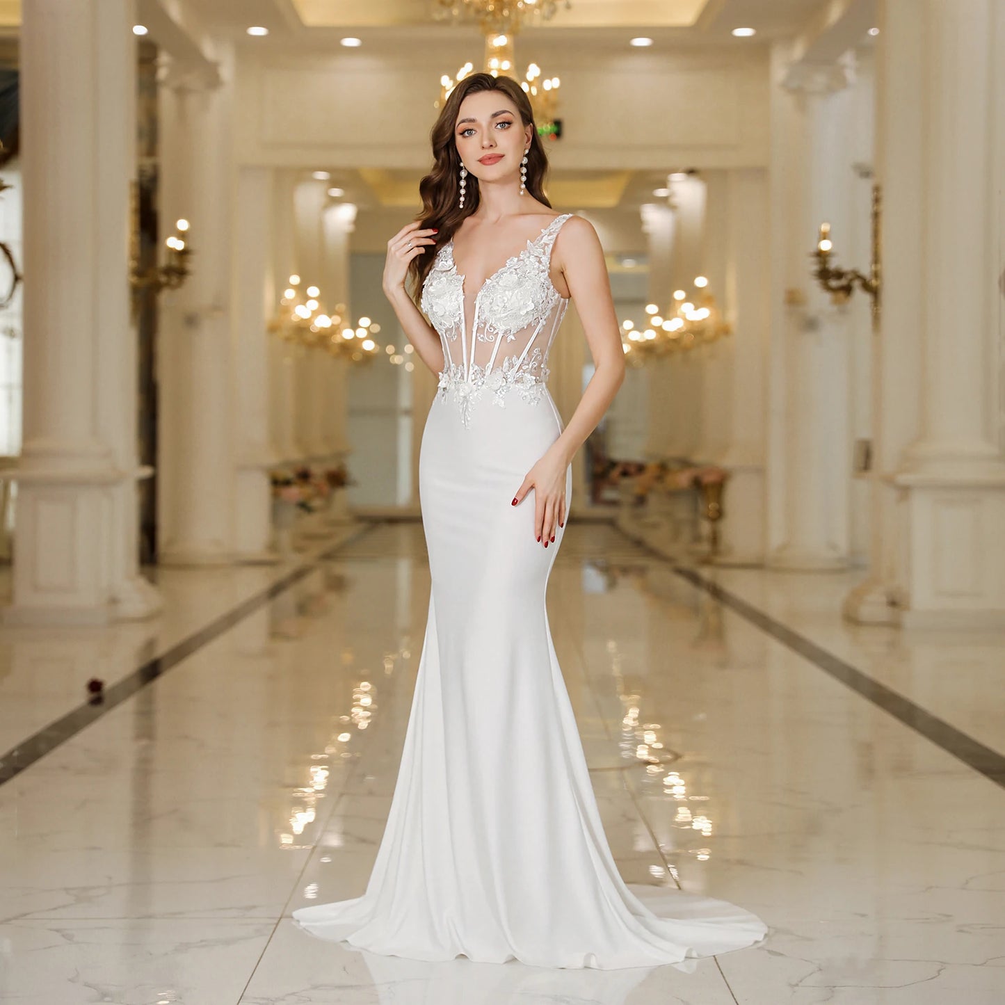 White Bridesmaid Dresses: Wedding Dress Lace Backless V Neck Sleeveless