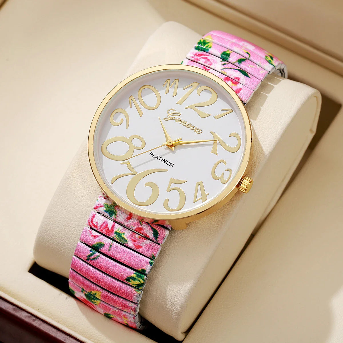 1/2/3/4PCS Fashion Flowers Printed Women Watch Luxury Elastic Strap Arabic Quartz Watches Reloj Mujer Girls Clock（Without Box）