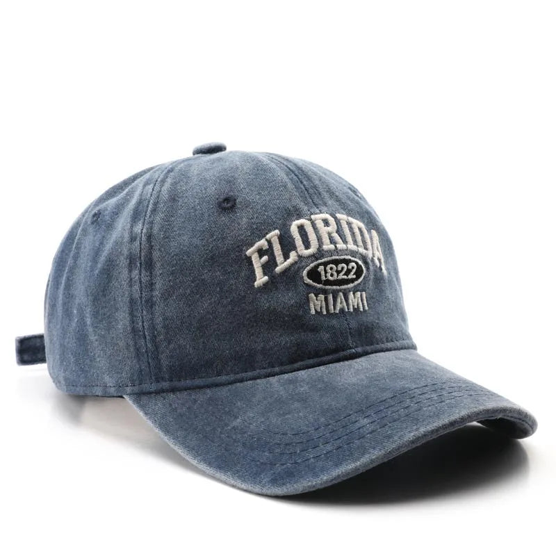 Vintage Washed Cowboy Baseball Cap for Men Women FLORIDA Embroidery Sun Cap Casual Snapback Hip Hop Hat Curved Brim Soft Top Hat