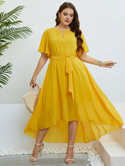 2024 Chiffon Party Dresses For Women Plus Size Summer Solid Color Casual Boho Beach Dress Ruffle Short Sleeve Belted Wrap Dress