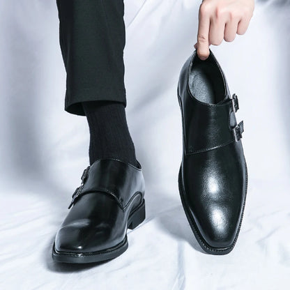 Luxury Monk Leather Men Shoes Buckle Pointed Slip On Loafers Dress Shoes Men Business Formal Social Office Party Wedding  Shoes