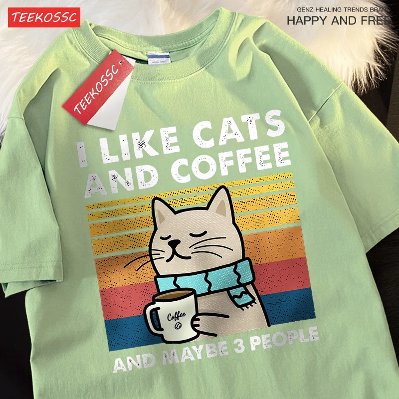 I Like Cats And Coffee Men Women T-Shirt Cotton Tee Clothes Hip Hop Loose Tshirt Fashion Crewneck T-Shirt Streetwear Couple