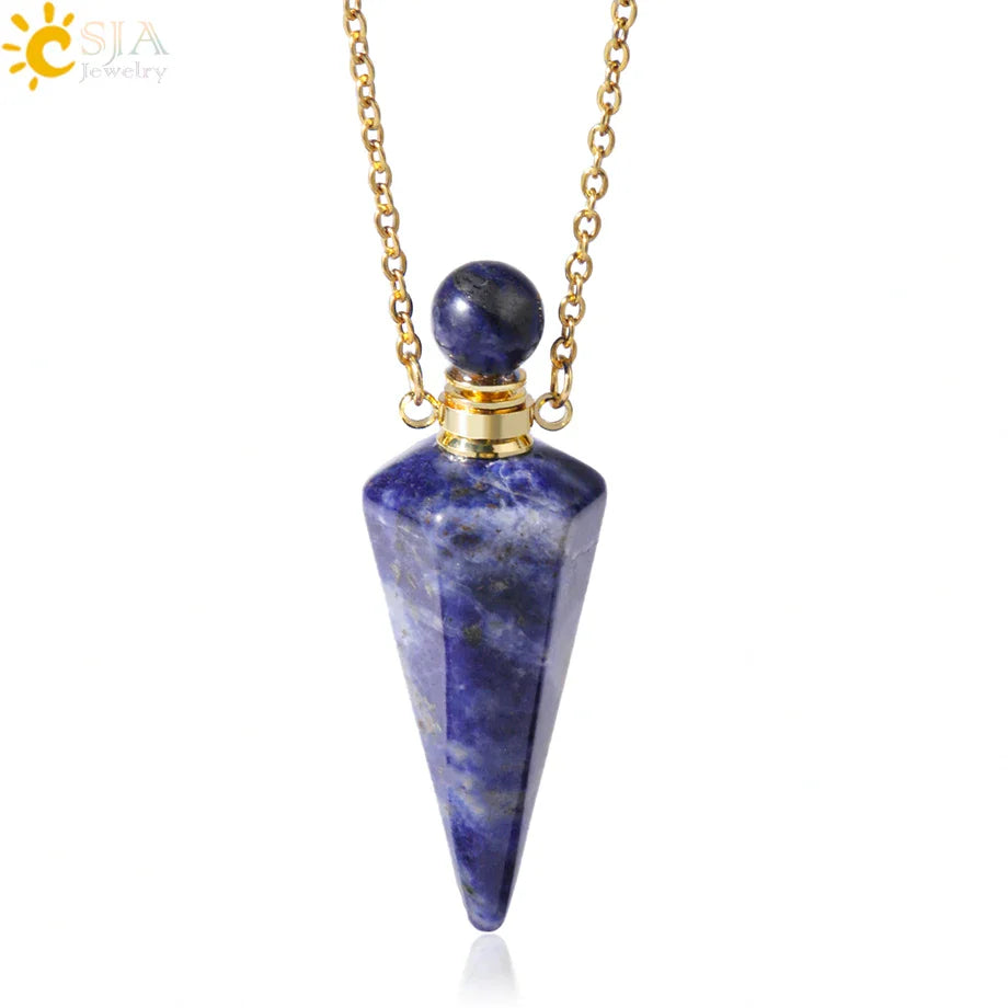 Natural Stone Cone Perfume Bottle necklace Healing Clear Quartz Crystal Pendant Reiki Essentials Oil Diffuser Vial Necklace H119