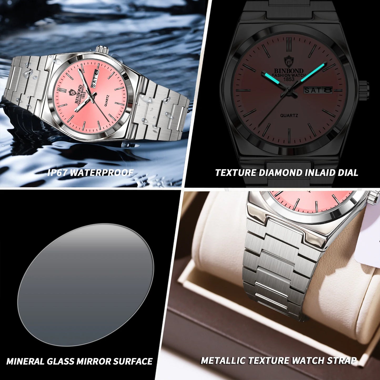 BINBOND 103 Business Women's Quartz Watch Waterproof Double Calendar Night Light Non Mechanical Ultra Thin Women's Quartz Watch