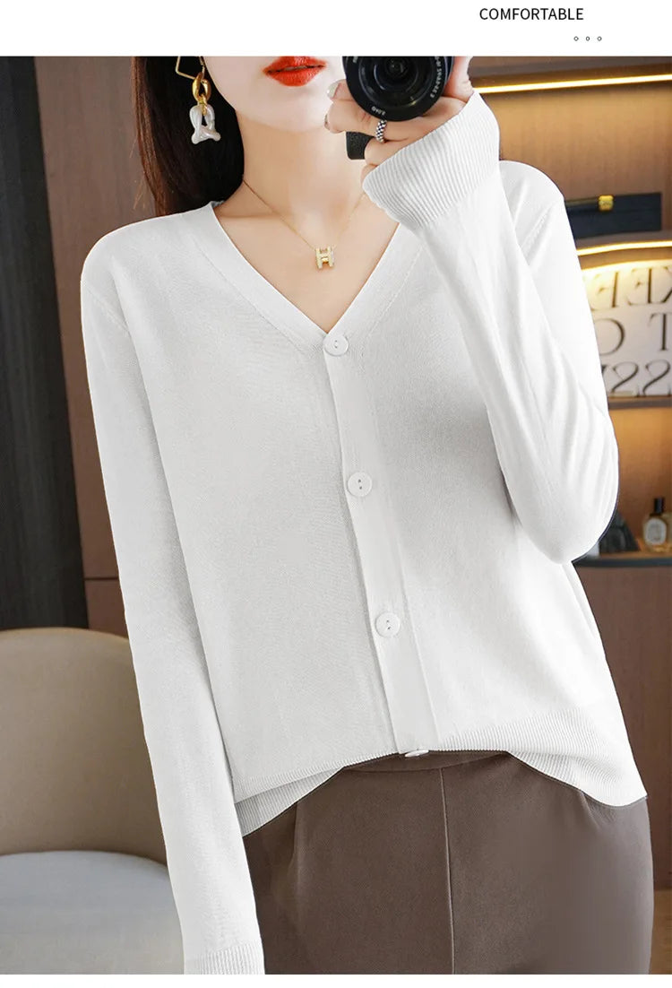 Summer Korean Version Thin Solid V-Neck Ice Silk Knitted Long Sleeve